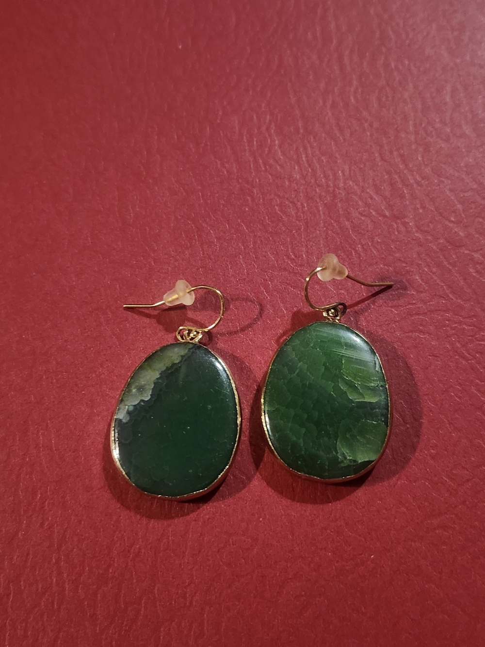 Gold-Plated Green Jade Stone Drop Earrings - Women Jewelry